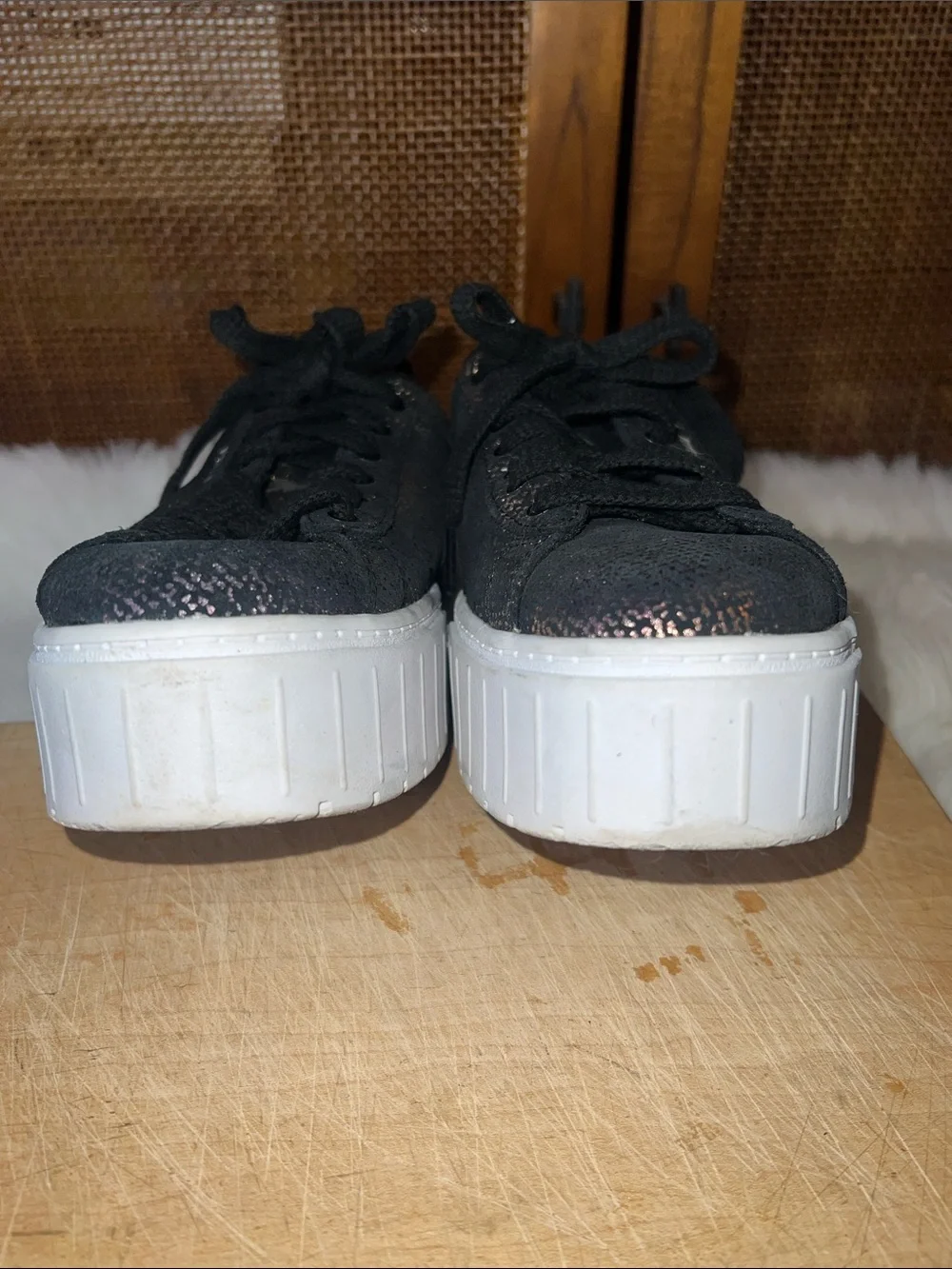 Puma Black Sneakers with Iridescent Sheen and White Platform Sole